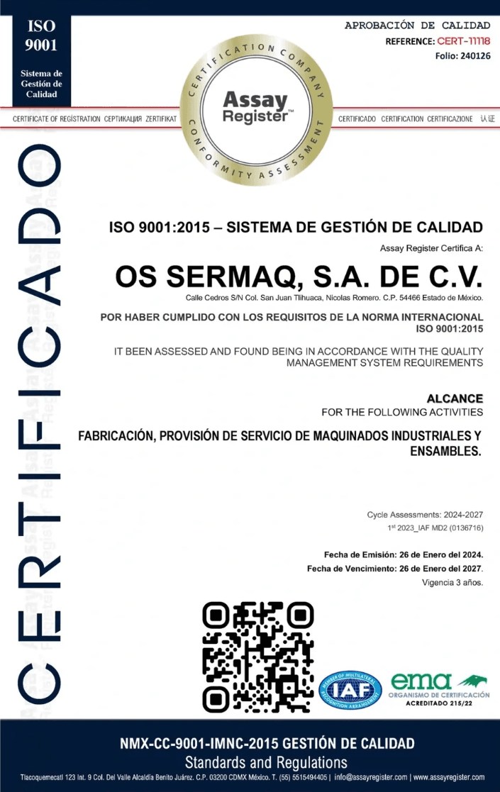 Certificado ISO 9001:2015 de OS SERMAQ, S.A. de C.V., vigente